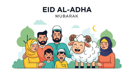 Flat Cartoon Happy Family and Sheep Celebrating Eid al-Adha Illustration