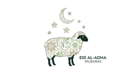 Elegant Floral Patterned Sheep Illustration with Crescent Moon for Eid al-Adha Celebration