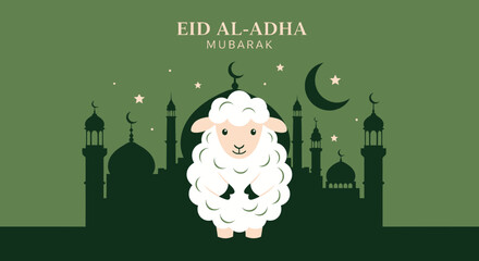 Cute Cartoon Fluffy Sheep with Mosque Silhouette for Eid al Adha Celebration Greeting Card