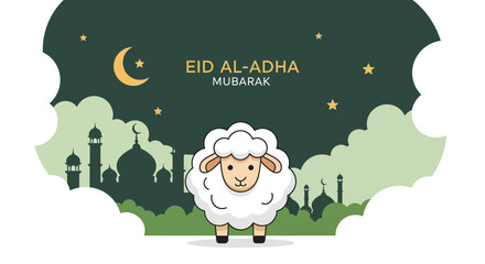 Fototapeta premium Cute Cartoon Style Sheep and Mosque Illustration for Eid al-Adha Celebration