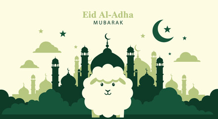 Flat Cartoon Eid Al-Adha Illustration with Sheep and Mosque Silhouette