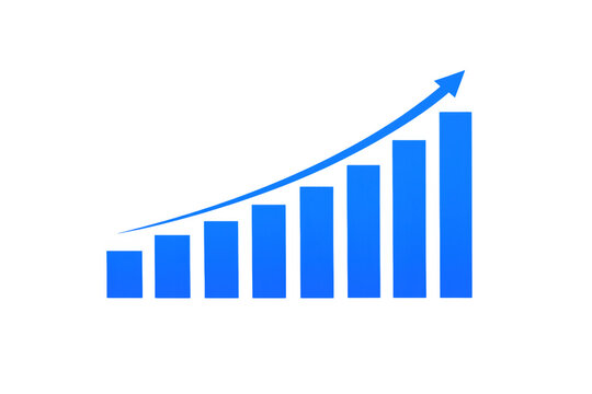 Blue bar chart demonstrating increasing growth with an arrow showing an upward trend, indicating business success