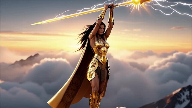 A warrior goddess in ornate golden armor, holding a spear of light, standing atop a mountain peak at sunrise, clouds swirling below her, epic and heroic.