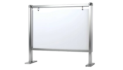 A silver rectangular blank sign on a stand. White space for text against a black backdrop