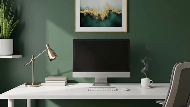 Modern Home Office Interior with Green Wall and White Desk Decorative Artwork and Office Supplies