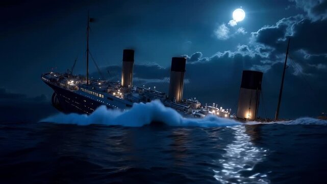 A large boat floating in the ocean at night with a full moon in the background