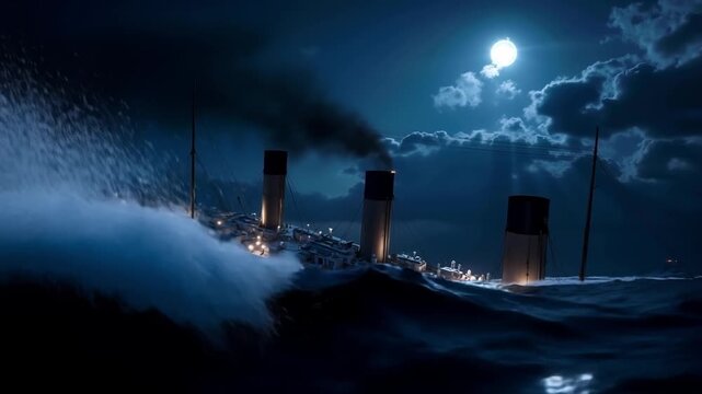 A large boat floating in the ocean at night with a full moon in the background