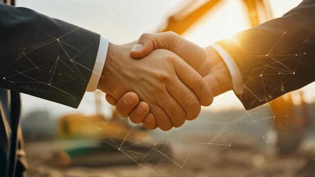 Two hands shaking in a professional setting, symbolizing agreement and partnership.