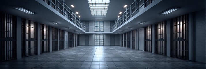 A high-security prison corridor with cells viewed from the center, featuring a long hallway, corridors, and prison architecture in a dimly lit environment.