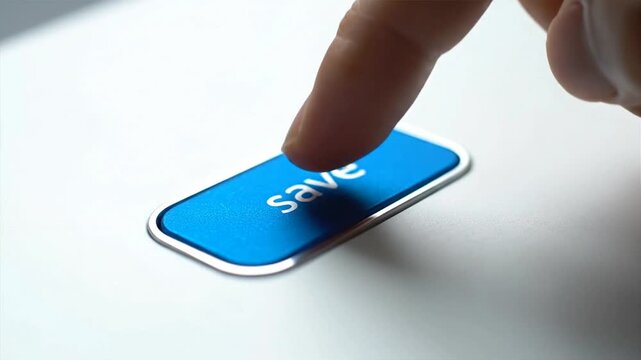 Finger pressing a blue button with white text on a white surface