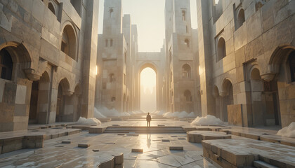 Ancient stone architecture with a person standing in the center