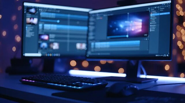 Dual computer monitors displaying software interface in low light setting