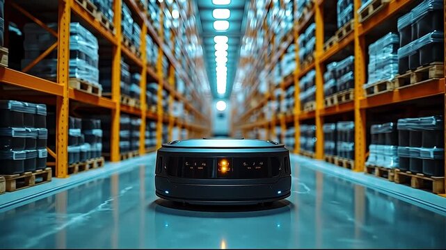A robot is sitting in the middle of a warehouse