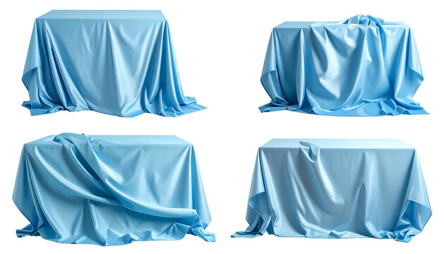Four light blue draped tables with varying folds, isolated on a black background