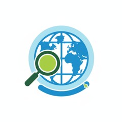A minimalist illustration of a globe with a magnifying glass, symbolizing global search and exploration.
