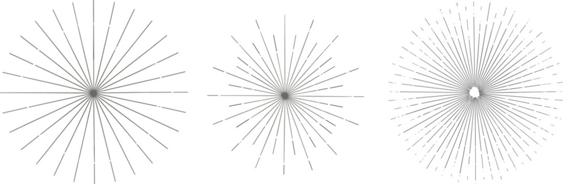 Radial sunburst line patterns collection with abstract starburst shapes isolated on white