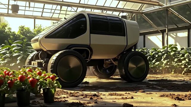 A vehicle that is sitting in the middle of a greenhouse
