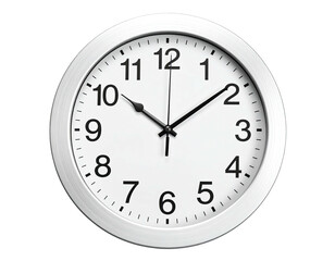 A classic, round white clock with black hands and numbers, set against a transparent background