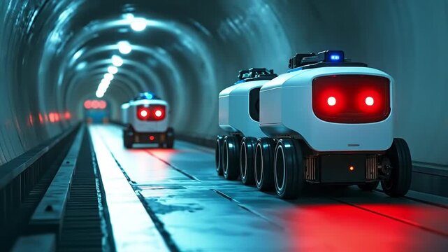 A group of robots driving through a tunnel with red lights