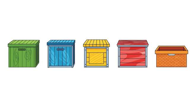 Collection of five colorful wooden and wicker storage boxes providing various outdoor and indoor organization solutions for toys or garden supplies