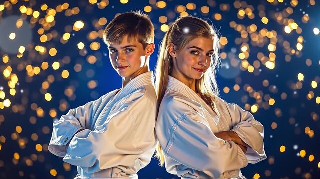 A man and a woman standing next to each other in karate uniforms
