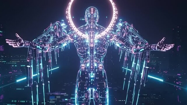 Futuristic Robot with Neon Lights in Dark Cityscape.