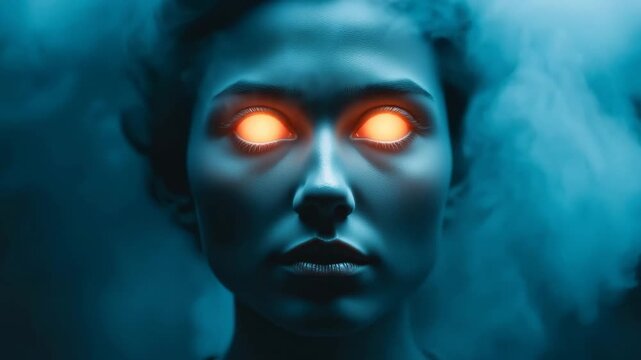 Mysterious evil spirit with burning eyes emerging from a dark, smoky background