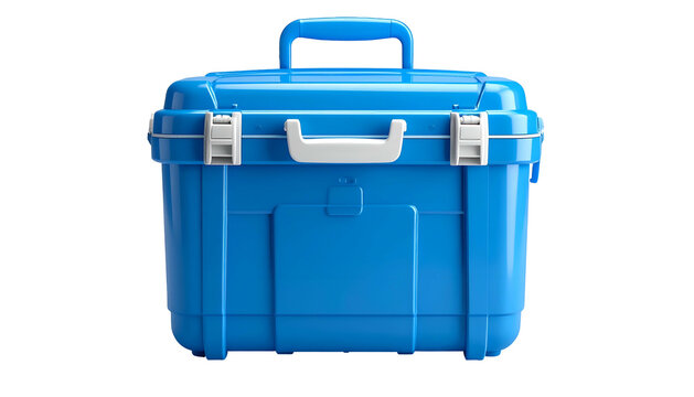A vibrant blue plastic tool box with a handle, white latches, and isolated on black