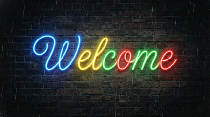 Obraz premium Colorful Neon Welcome Sign on Brick Wall 