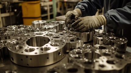 Naklejka premium Worker assembling precision metal components in a manufacturing facility during daytime hours