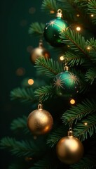 Deep green fir, shimmering gold ornaments, gift, stars , glitter, pine, golden