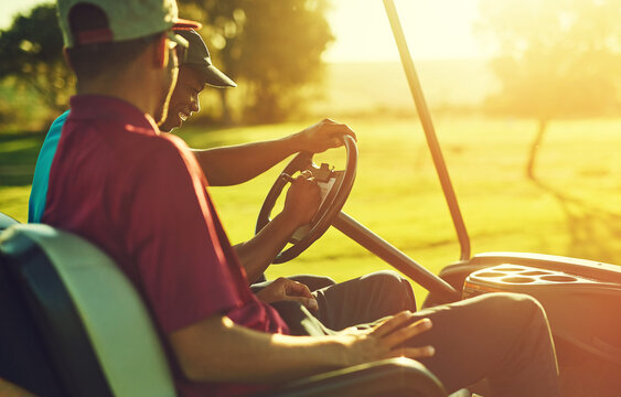 Golf cart, friends and scorecard with game, results and writing for competition practice or weekend hobby. Men, golfer people and tournament with sport club, golfing course or challenge outdoor