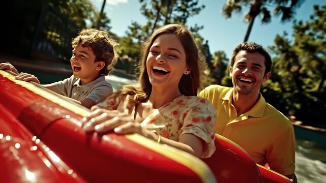 A man and woman and two children riding a roller coaster at a theme park