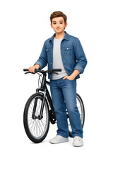 Obraz premium A confident young man stands next to his black bicycle, wearing a classic denim jacket and jeans, looking ready for an urban commute or ride.