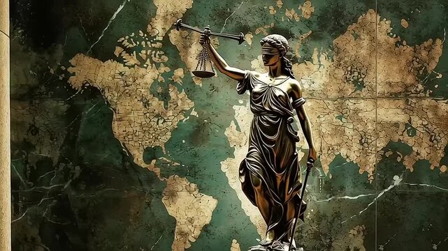 Lady Justice Themis Statue with World Map Background Symbolizing Global Law.
