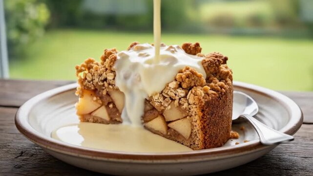 Pouring custard sauce on slice of traditional Irish apple crumble cake on wooden table