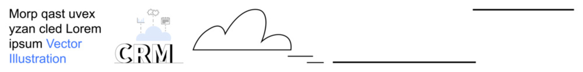 Customer relationship management, cloud services, data storage, business technology, workflow automation, digital solutions. Visual includes CRM text, cloud and lines connecting elements. CRM