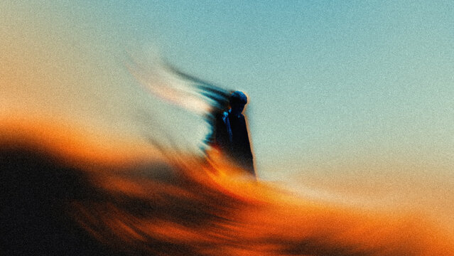 Artistic blur mixed media human silhouette dissolving into abstract landscape. Concept of escapism, loss of boundaries, altered perception, emotional detachment, surreal inner world, mental refuge.