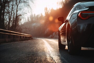 High-end black car speeding along an empty forest highway