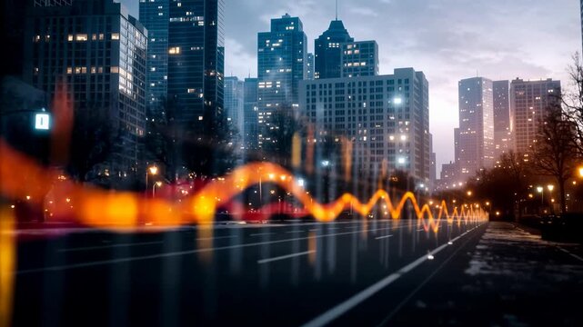 Abstract glowing financial data lines over city background symbolizing market movement analytics urban economy growth and modern digital finance visualization