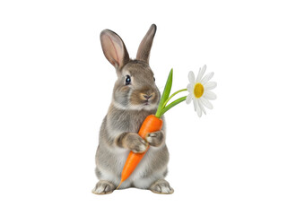 Obraz premium Adorable gray rabbit holding a large carrot and a daisy flower in its paws, standing upright on hind legs, isolated on transparent background