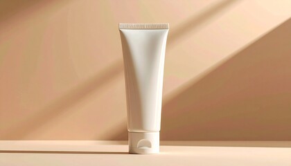 Creamy tube standing in warm light with soft shadows and neutral backdrop