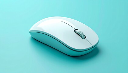 A white wireless pointing device sits centered on a light blue surface