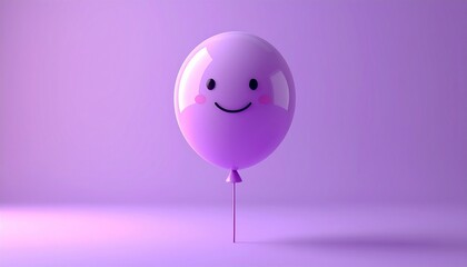 A cheerful, purple balloon with a smiling face floating against a purple backdrop