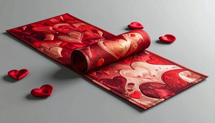 Rolled up decorative mat with heart pattern and scattered heart accents