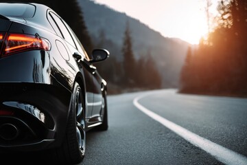 High-end black car speeding along an empty forest highway