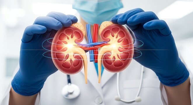 Doctor shows details of human kidneys during medical examination in a clinic