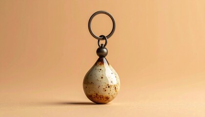 Tear-shaped keychain with speckled ceramic body, suspended. Background peach