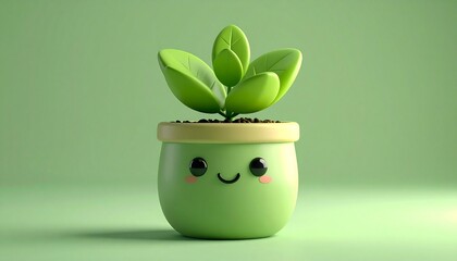 Animated, smiling green plant in a pot with a cheerful expression