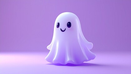 A smiling, cartoon ghost with a flowing sheet against a purple backdrop